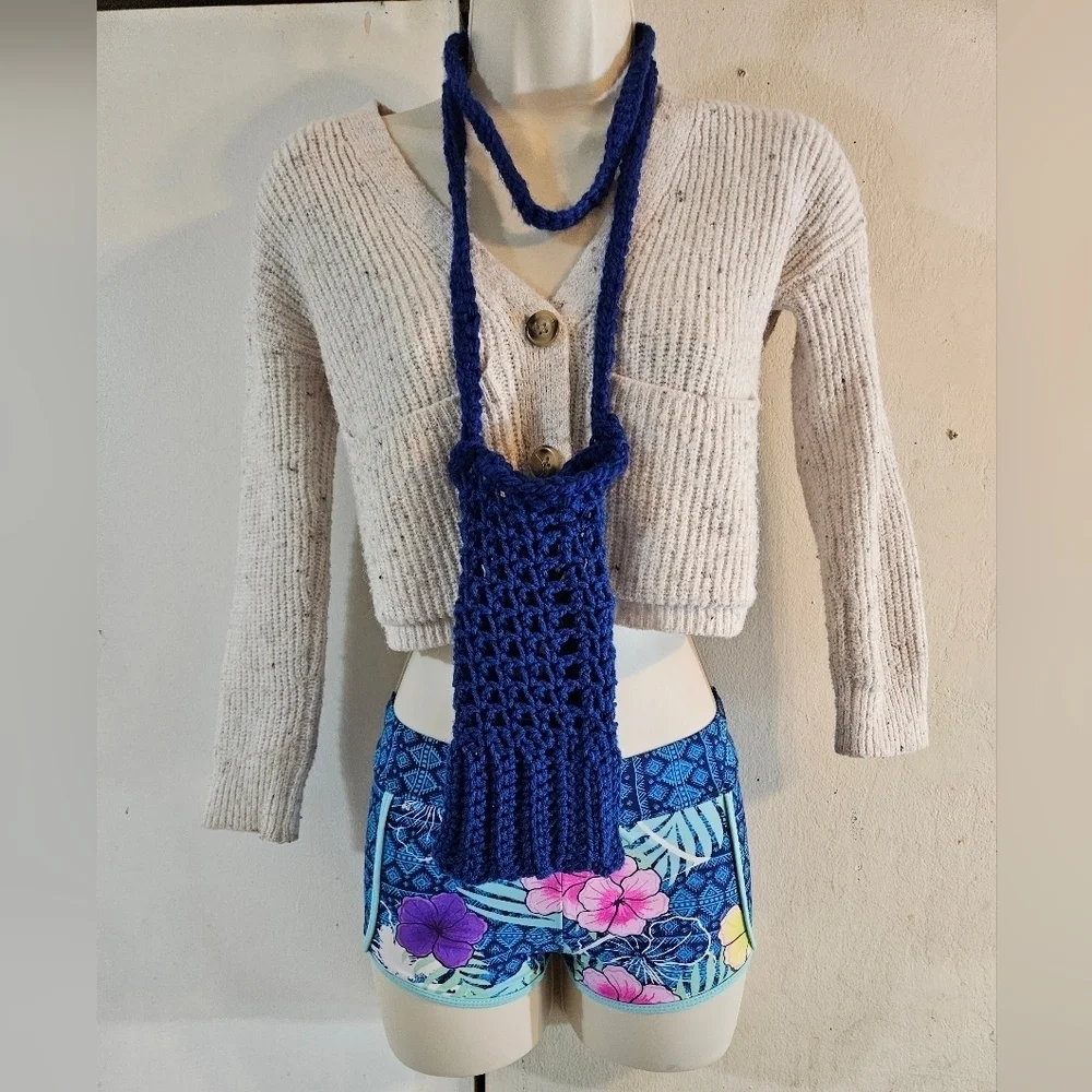 Hand Crafted hand knit crochet cellphone crossbody bag boho style electric blue